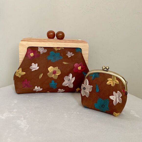 Laurie's Collection Handbags - Genuine Leather Hand Painted Floral, Wooden Frame Bag/Crossbody & Small Purse